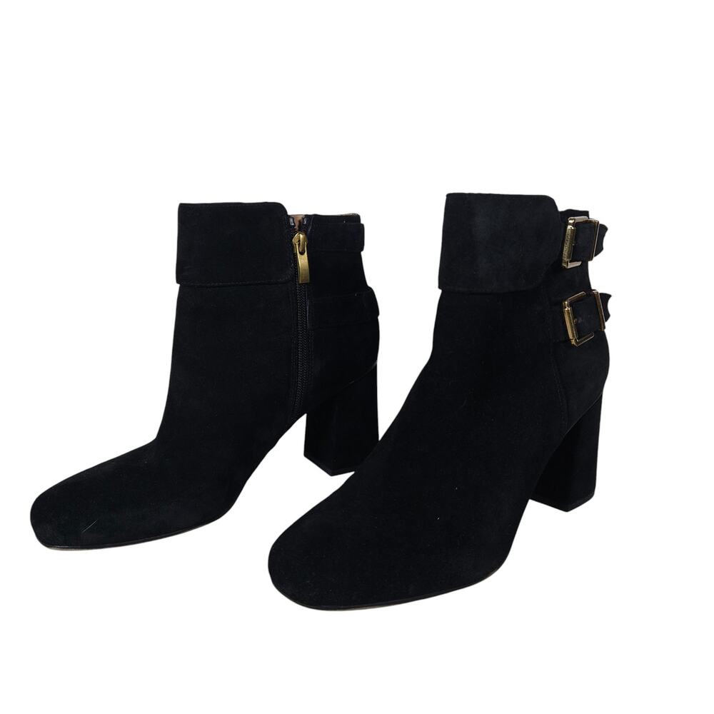 Franco Sarto Womens Ankle Boots 9 Black Suede Leather Buckle Classic Booties